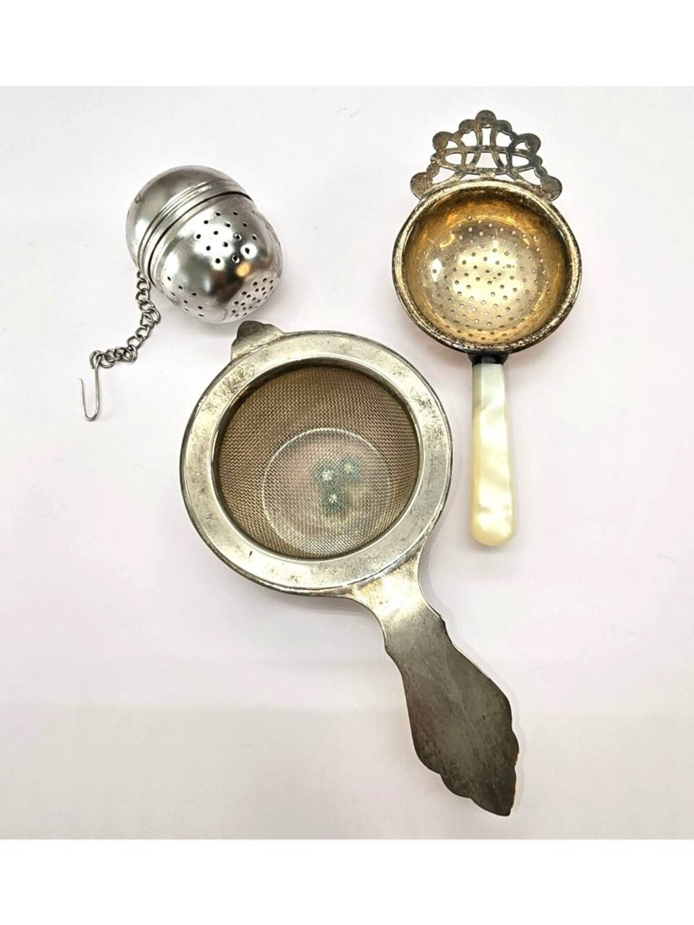 Vintage Silver Tea Strainers & Infuser Bundle England Mother Of Pearl VL5085